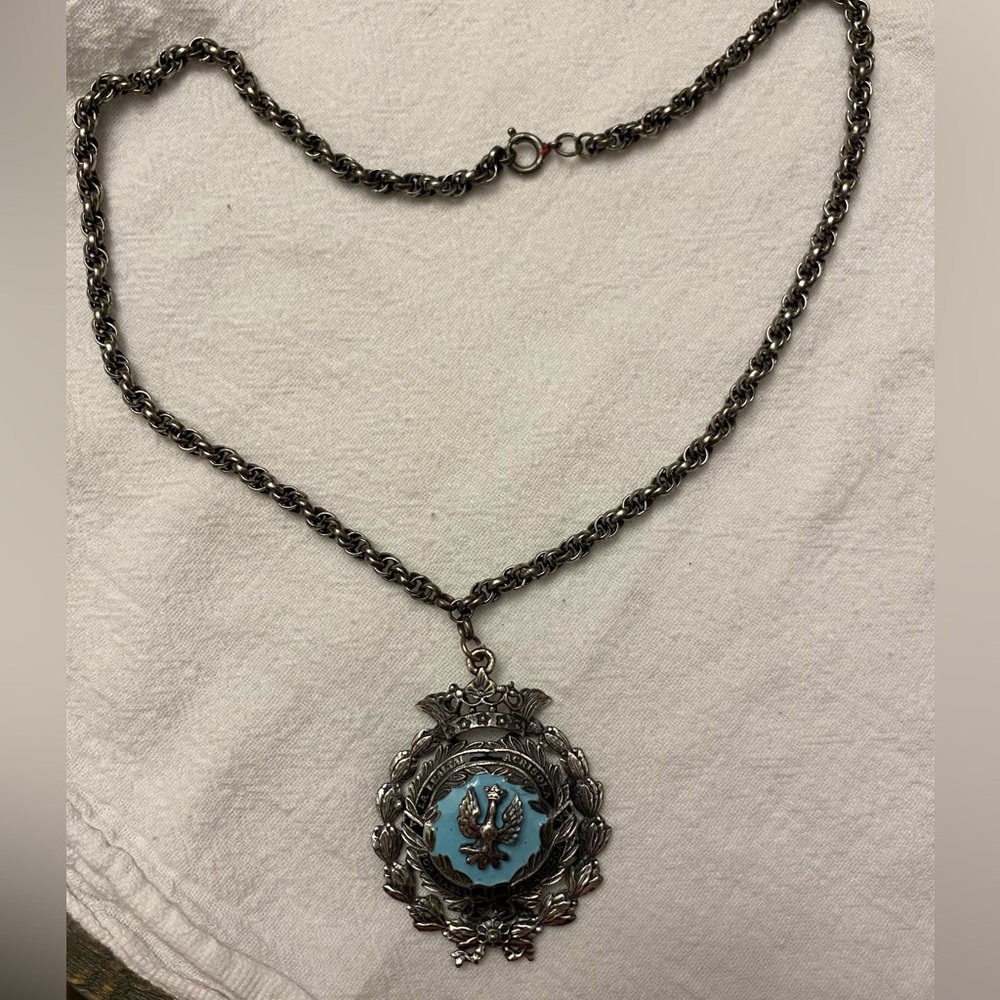 Vtg Coro Blue Enamel Pendant Necklace La Lealtai Acrisola Por Isabel La Catolica